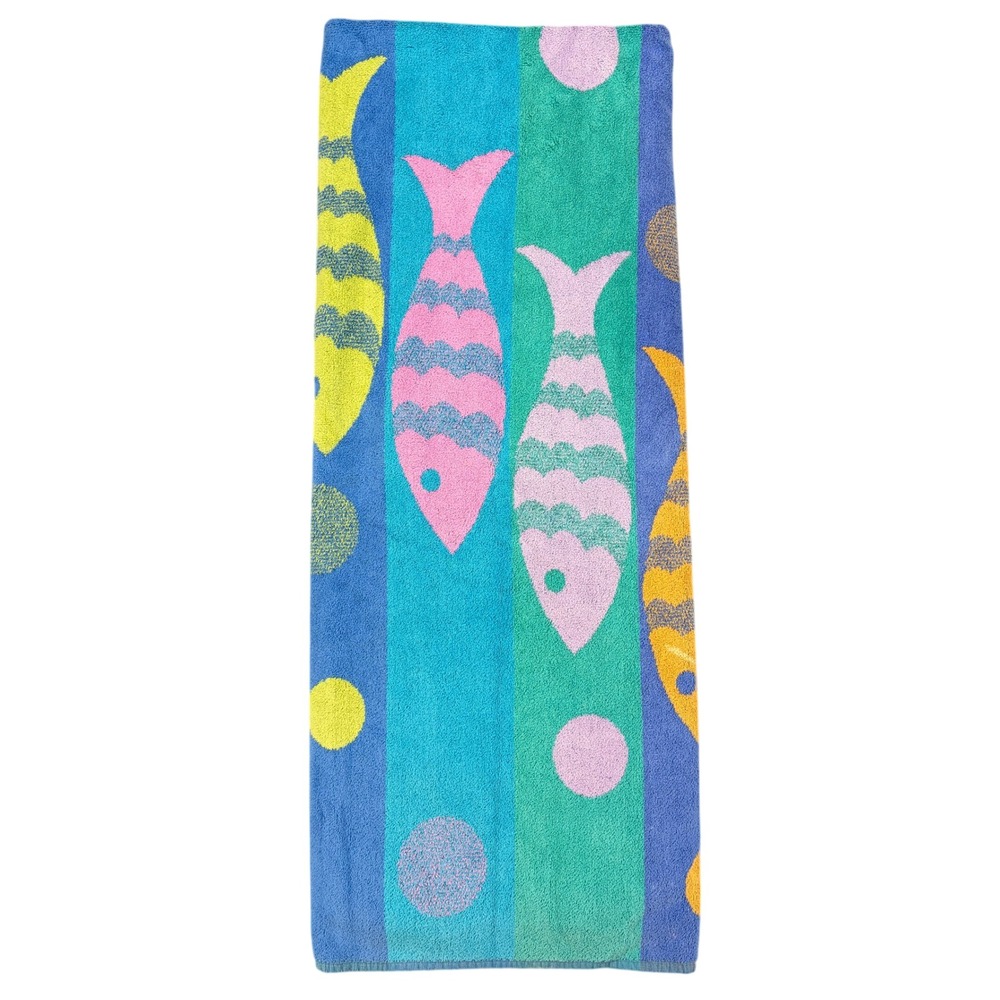 TerriSol Vintage Fish Beach Towel 100% Cotton Blue Green Pink Yellow 35x63 Swim